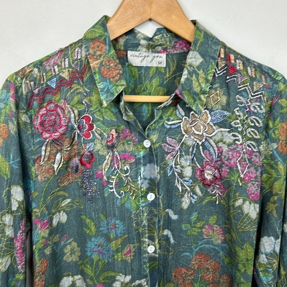 Vintage Goa Green Floral Embroidered Button Down Shirt-Dress Top Sz M - Picture 3 of 11